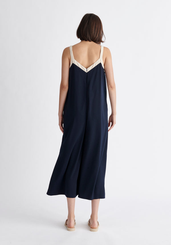 Paisie Contrast Colour Jumpsuit in Navy and Cream Back